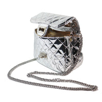 No Label: Silver Quilted Purse w/ Silver Crossbody Chain and Heart with lock Keychain on side. 