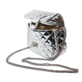 No Label: Silver Quilted Purse w/ Silver Crossbody Chain and Heart with lock Keychain on side. 