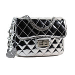 No Label: Silver Quilted Purse w/ Silver Crossbody Chain and Heart with lock Keychain on side. 