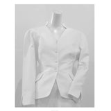 THIERRY MUGLER White Textured Cotton Skirt Suit Size 42. This Thierry Mugler skirt suit is composed of a white textured cotton fabric. Features a classic Mugler silhouette with nipped waist and curved bust-line to neckline design. The jacket has front snap closures, rounded shoulders, and a gathered panel detail at the back. The classic pencil style skirt features a zipper closure. In good vintage pre-owned condition. Made in France.Measurements in Inches:JacketBust: 42 Waist: 30 SkirtWaist: 28Hip: 38Length
