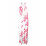 VALENTINO White with Red Coral Pattern Criss Cross Jersey Halter Dress Size 42. This Valentino gown is composed a white viscose with a red coral pattern. Features a lovely criss cross front with a body skimming design. In great pre-owned condition. **Please cross-reference measurements for personal accuracy. Size in description box is an estimation. Measures (Approximately)42Length: 54.5"Bust: 36"Waist: 32"-33"Hip: 34"-38"