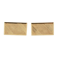VINTAGE 14K Yellow Gold Rectangular Cufflinks. 14K Yellow Gold Rectangular cufflinksDiagonal stripe detail with a perfect area left for a personal Monogram Unknown designer10.89 grams Measurements: Width: 1 in. Length: .75 in.