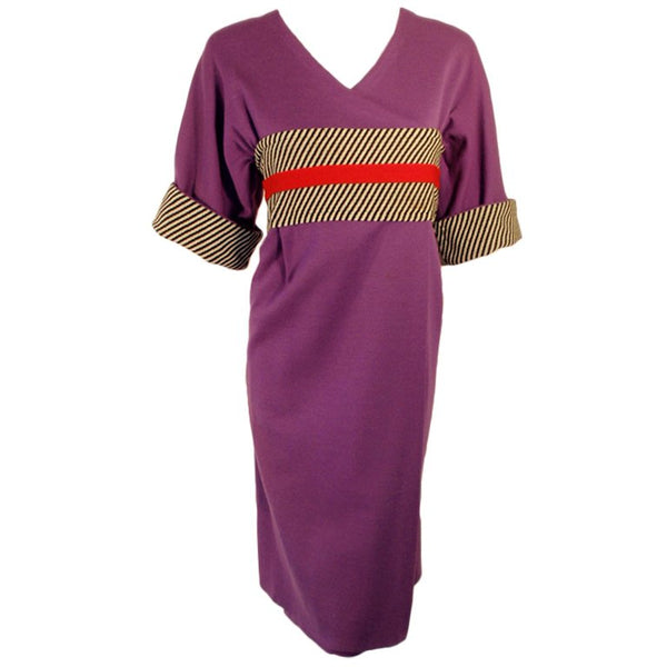 RUDI GERNREICH Purple Wool Kabuki Dress w/ Black and White Stripes