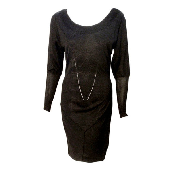 ALAÏA 1990s Black Sheer Jersey Long Sleeve Scoop Neck Dress. This is a sheer black Rayon jersey knit long sleeve dress by Alaia, from the 1990's. The dress has scoop neckline and trumpet sleeves. Size Large Length: 38" Sleeve: 25" Bust: 34-36" Waist: 25-27" Hip: 33-36"