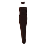 HALSTON Dark Brown Reverse Halter Backless Evening Gown