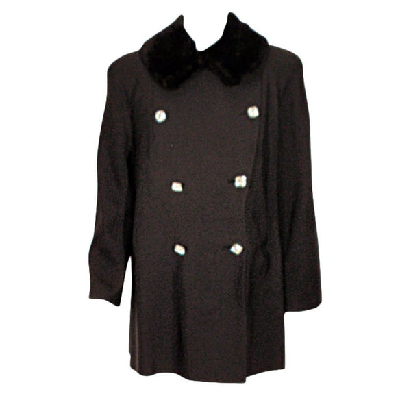 TRAINA-NORELL Black Faille Coat w/ Rhinestone Buttons & Beaver Collar