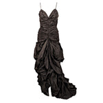 VINTAGE Circa 1980s Black Taffeta Ruched Long Gown, Train