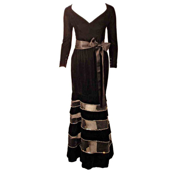 GIVENCHY Black Velvet Gown w/ Horsehair, Rhinestone & Trim