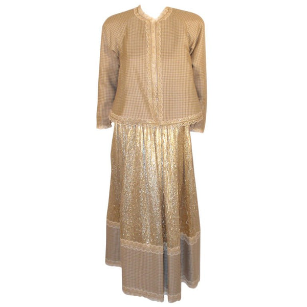 GEOFFREY BEENE 1980s 3 pc Gold Wool & Lace Jacket, Skirt & Belt