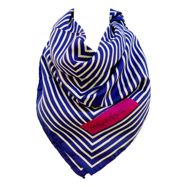 YVES SAINT LAURENT Blue Striped Silk Scarf