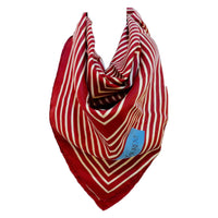 Yves Saint Laurent Burgundy Striped Silk Scarf. Made in France of pure silk and finished by hand with finely rolled hand-stitched edges, this eye-catching YSL scarf is 35" x 35" in size and features a square stripe design and blue logo.