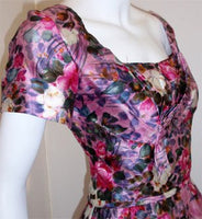 CEIL CHAPMAN 1940s Long Pink Silk Floral Print Drape Waist Gown