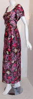 CEIL CHAPMAN 1940s Long Pink Silk Floral Print Drape Waist Gown