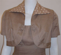 DON LOPER 1950s Taupe Silk Dress, Polka Dot Lined Jacket