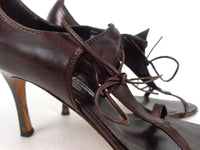MANOLO BLAHNIK Chocolate Brown Leather V-Strap T-Strap Ankle Tie Heels Size 39 1/2
