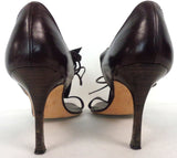 MANOLO BLAHNIK Chocolate Brown Leather V-Strap T-Strap Ankle Tie Heels Size 39 1/2