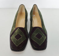 BOTTEGA VENETA Green and Purple Suede Flats with Wooden Block Heel Size 6