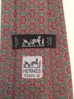 HERMES Sage Multi-color Silk Neck Tie Red White Equestrian Print