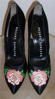 HERBERT LEVINE Black Silk w/ Embroidered Pink Rose Heels Size 7
