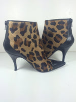 VIA SPIGA Black Leather and Calf Hair with Leopard Print Design Ankle Boots Size 5 1/2