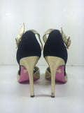 BETSEY JOHNSON Black Suede and Gold Leather T-Strap Peep Toe Stiletto Heels Size 9