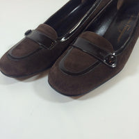 SALVATORE FERRAGAMO Chocolate Brown Suede Loafers with Patent Detail Size 8
