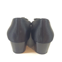 SALVATORE FERRAGAMO Black Satin Low Heel Pump with Leather Rosette Size 7 1/2