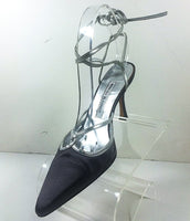 MANOLO BLAHNIK Gunmetal Satin and Metallic Silver Strappy Stilettos Size 37 1/2