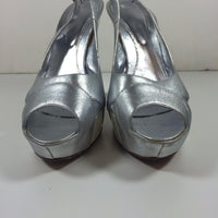 SERGIO ROSSI Silver Leather Peep Toe Slingbacks with White Heel Size 8 1/2