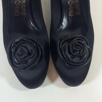 SALVATORE FERRAGAMO Black Satin Low Heel Pump with Leather Rosette Size 7 1/2