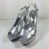 SERGIO ROSSI Silver Leather Peep Toe Slingbacks with White Heel Size 8 1/2