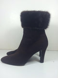 YVES SAINT LAURENT Brown Suede Ankle Boots with Mink Trim Size 8