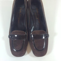 SALVATORE FERRAGAMO Chocolate Brown Suede Loafers with Patent Detail Size 8