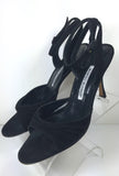 MANOLO BLAHNIK Black Suede Ankle Strap Open Toe Heels Size 37 1/2