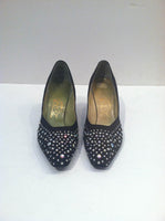 LA ROSE Vintage Black Silk Pointed Toe Heels with Gorgeous Rhinestone Detail Size 8 1/2