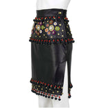 MOSCHINO 1990s Black Leather Skirt w/ Tassels, Studs and Flowers