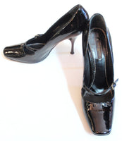 LOUIS VUITTON Slick Black Patent Leather Square Toe Cut Out Buckle Vamp Heel