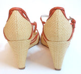 PRADA Woven Straw w/ Orange T-Strap Wedge Sandal Size 39