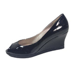 SALVATORE FERRAGAMO Black Open Toe Patent Leather Wedge Heel Size 7 1/2